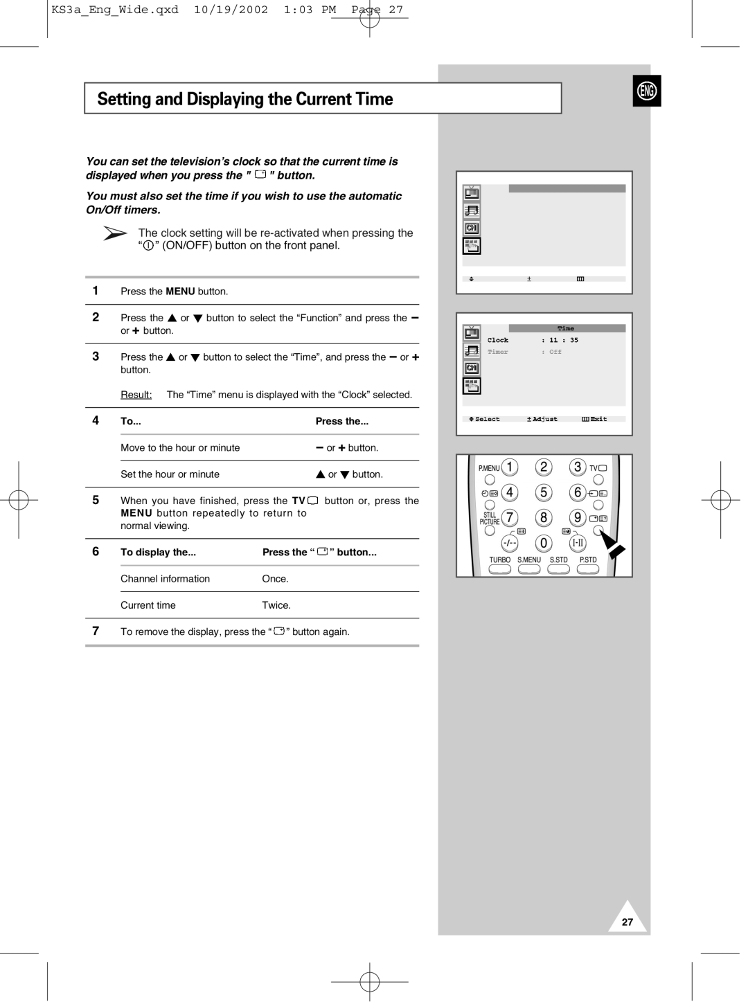 Samsung CS29K10MQ manual Setting and Displaying the Current Time 