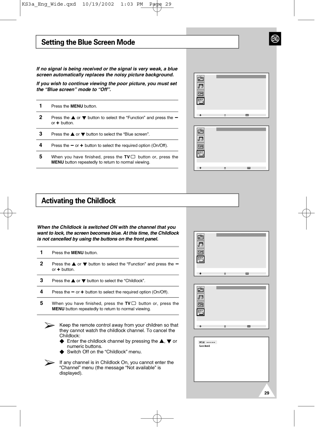 Samsung CS29K10MQ manual Setting the Blue Screen Mode, Activating the Childlock 