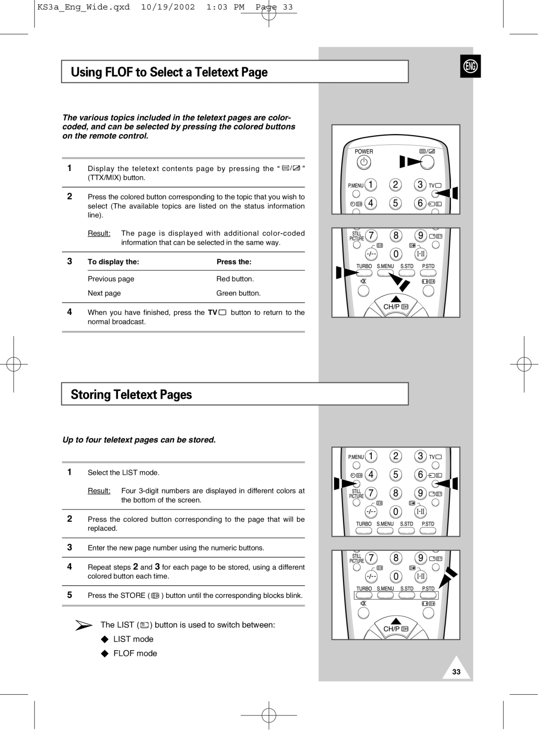 Samsung CS29K10MQ manual Using Flof to Select a Teletext, Storing Teletext Pages 