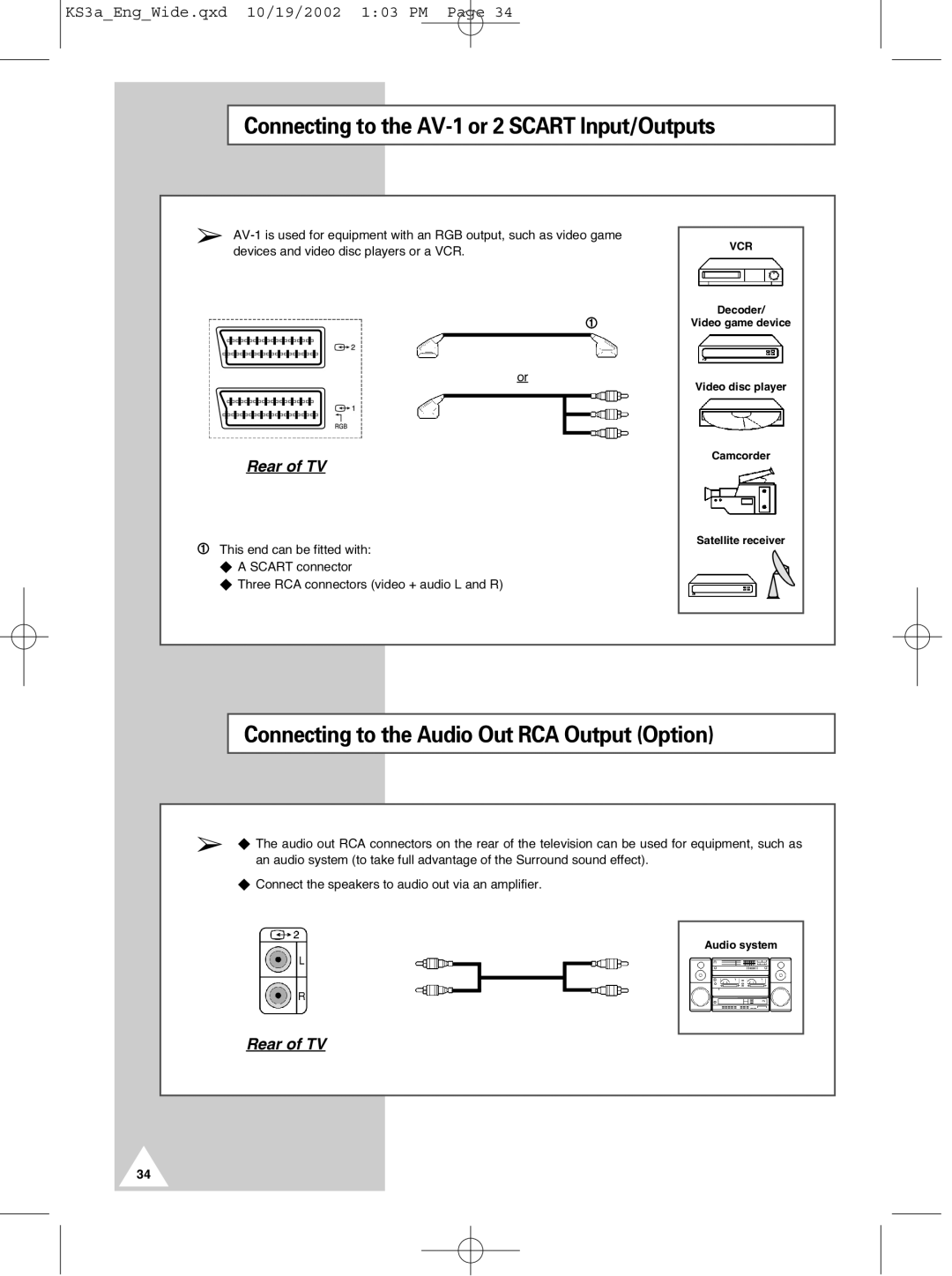 Samsung CS29K10MQ manual Connecting to the AV-1 or 2 Scart Input/Outputs, Connecting to the Audio Out RCA Output Option 