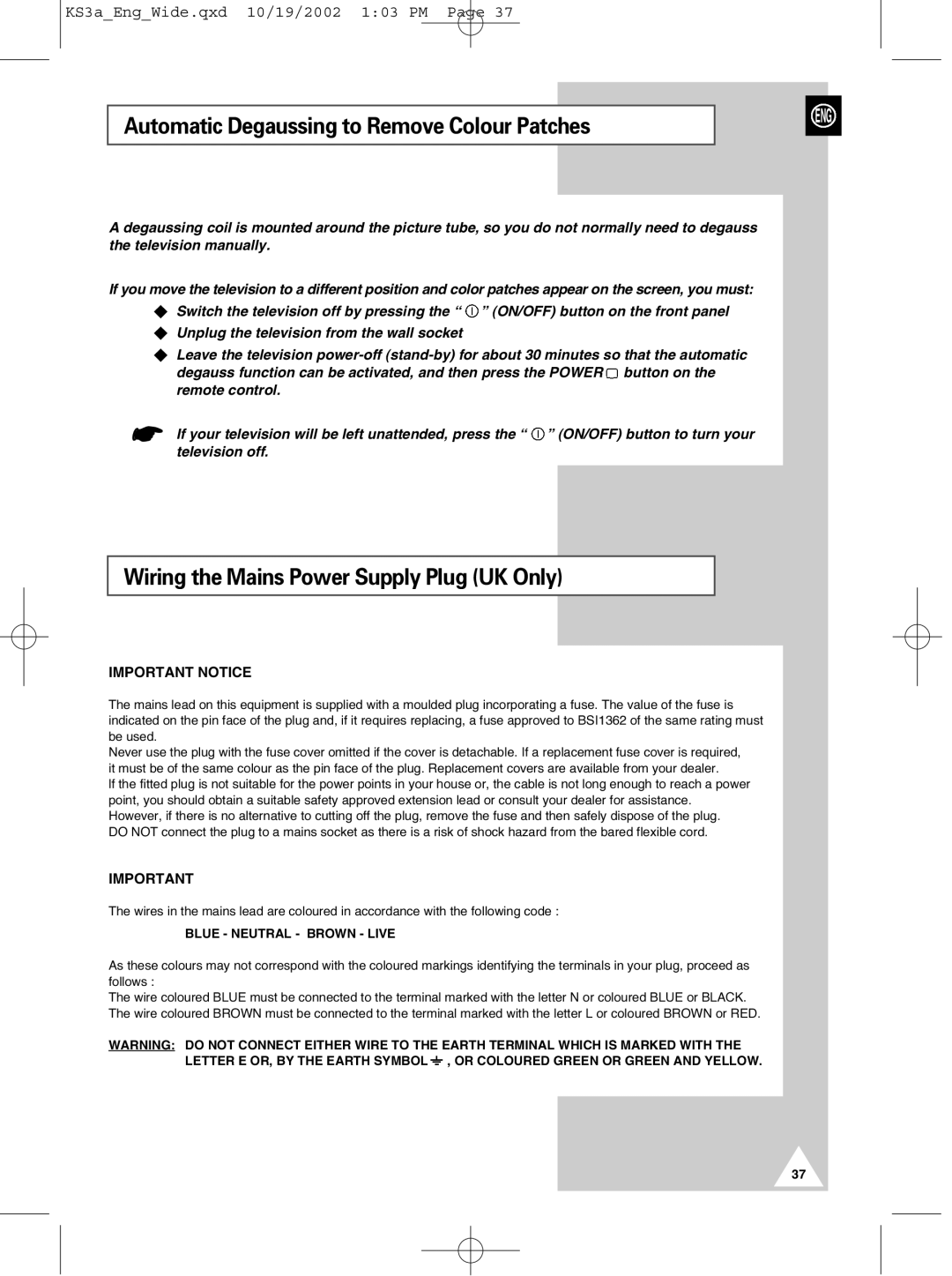 Samsung CS29K10MQ manual Automatic Degaussing to Remove Colour Patches, Wiring the Mains Power Supply Plug UK Only 