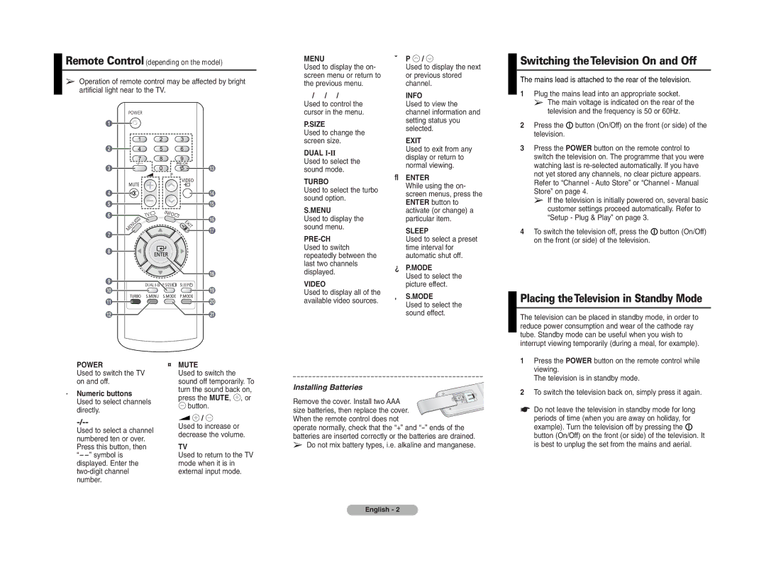 Samsung CS21T10, CS29K5 Switching theTelevision On and Off, Placing theTelevision in Standby Mode, Installing Batteries 