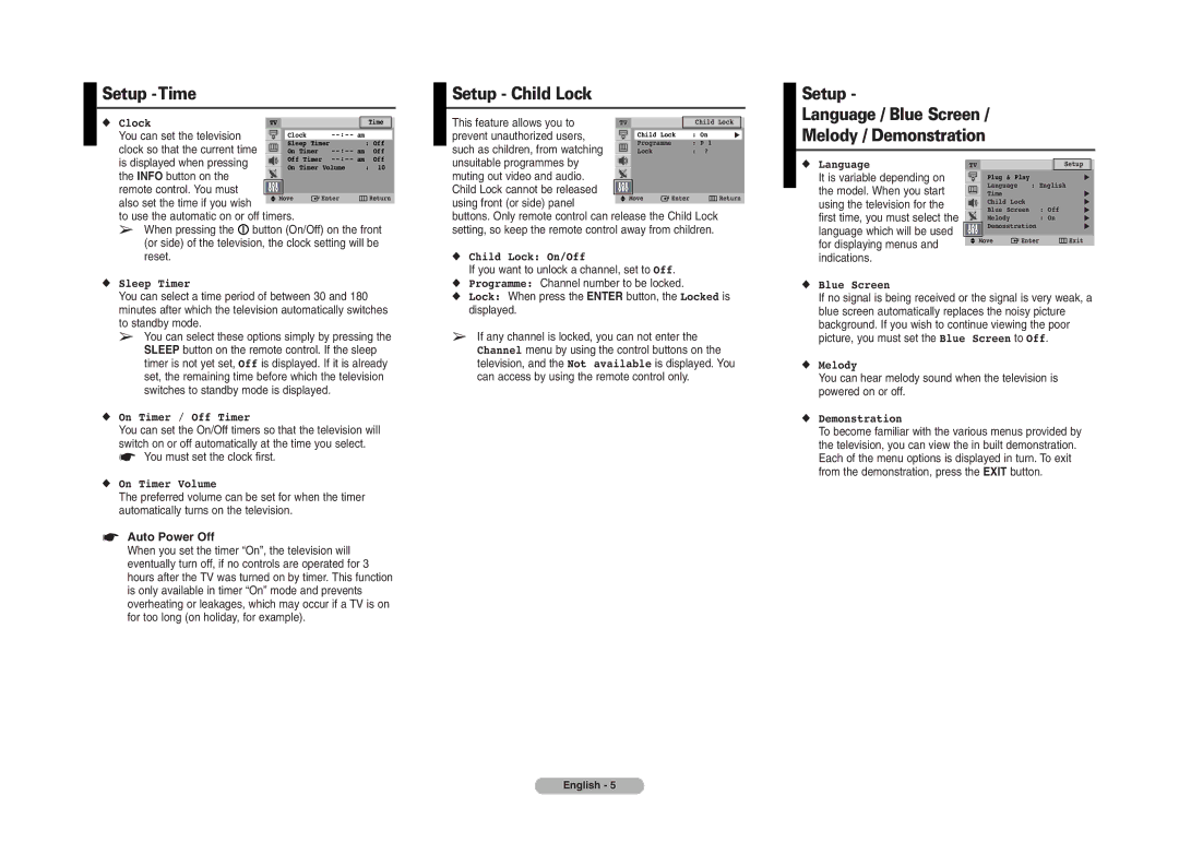 Samsung CS29A7, CS29K5, CS29K3, CS21T10 Setup -Time, Setup Child Lock, Setup Language / Blue Screen Melody / Demonstration 