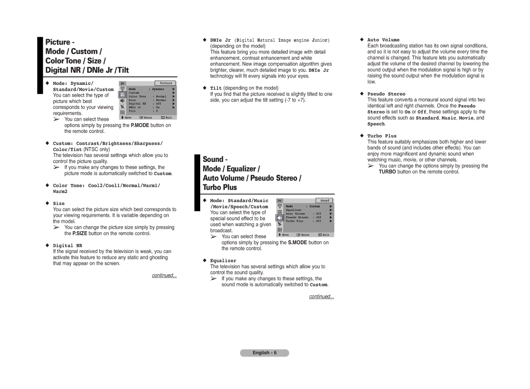 Samsung CS21M7 You can select the type, Picture which best, Requirements, You can select these, Special sound effect to be 