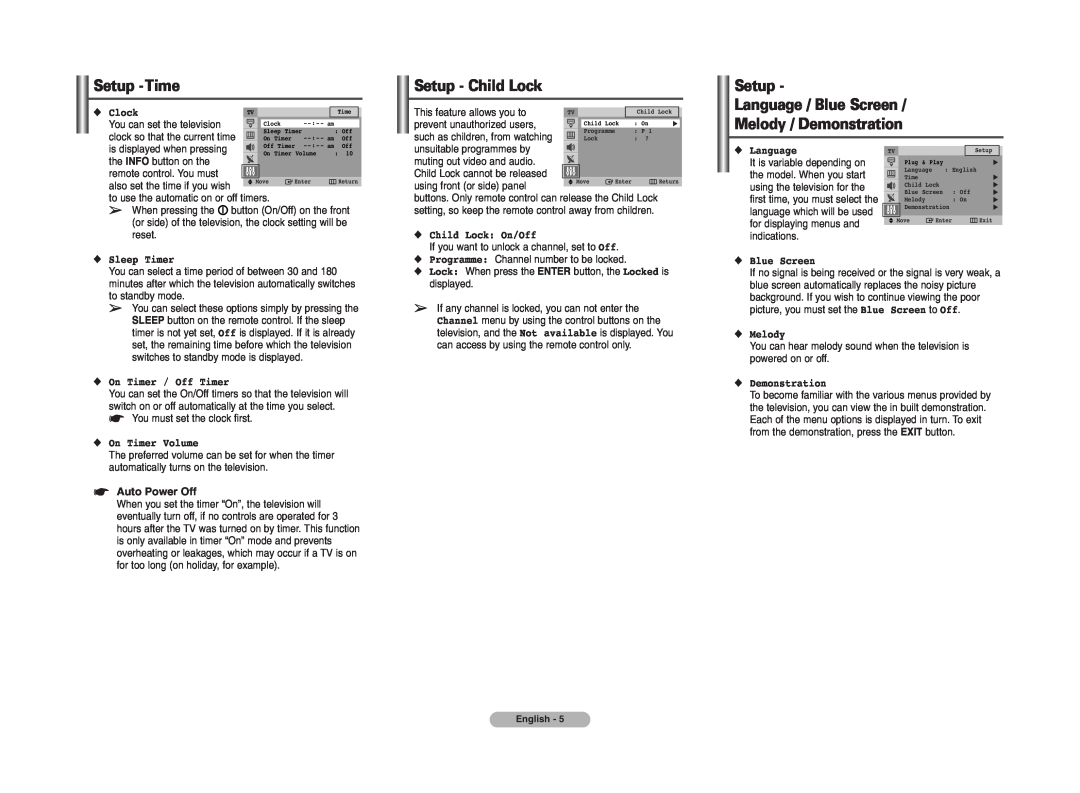 Samsung CS29A7 Setup -Time, Setup - Child Lock, Setup Language / Blue Screen Melody / Demonstration, Clock, Sleep Timer 