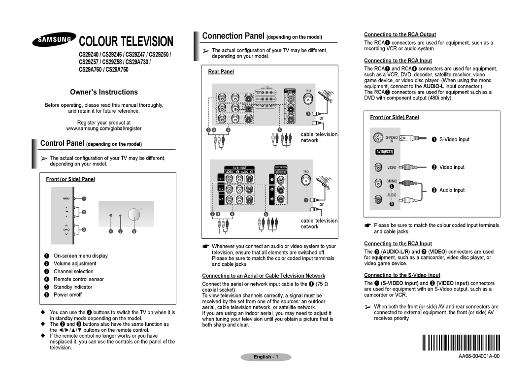 Samsung CS29Z47, CS29Z40, CS29Z50, CS29Z58, CS29Z57, CS29Z45, CS29A750, CS29A760, CS29A730 manual Owner’s Instructions, Network 