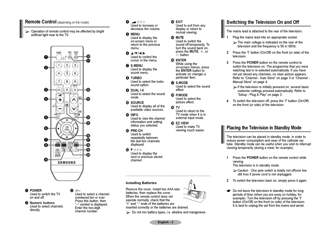 Samsung CS29Z50, CS29Z40, CS29Z47, CS29Z58 manual Switching the Television On and Off, Placing the Television in Standby Mode 