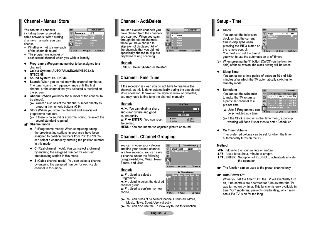 Samsung CS29Z57, CS29Z40 Channel Manual Store Channel Add/Delete Setup Time, Channel Fine Tune, Channel Channel Grouping 