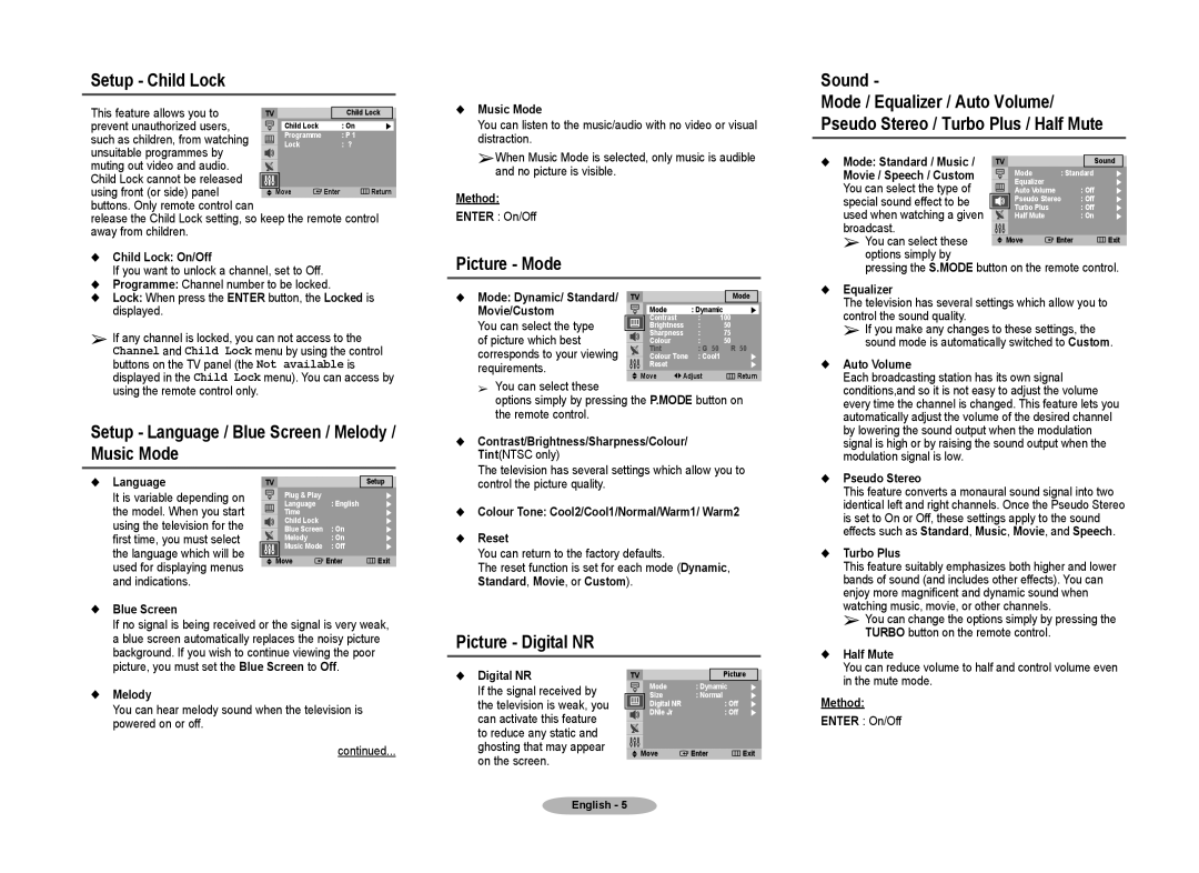 Samsung CS29Z45 Setup Child Lock, Setup Language / Blue Screen / Melody / Music Mode, Picture Mode, Picture Digital NR 