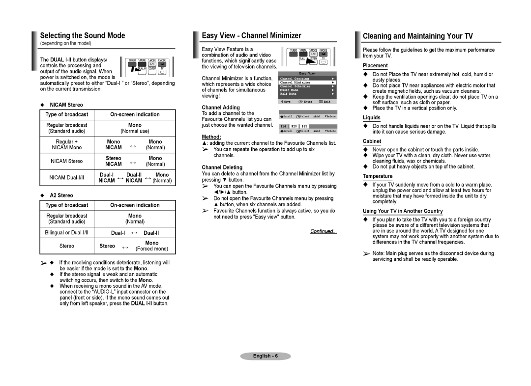 Samsung CS29A750, CS29Z40 Selecting the Sound Mode, Easy View Channel Minimizer, Cleaning and Maintaining Your TV, Nicam 