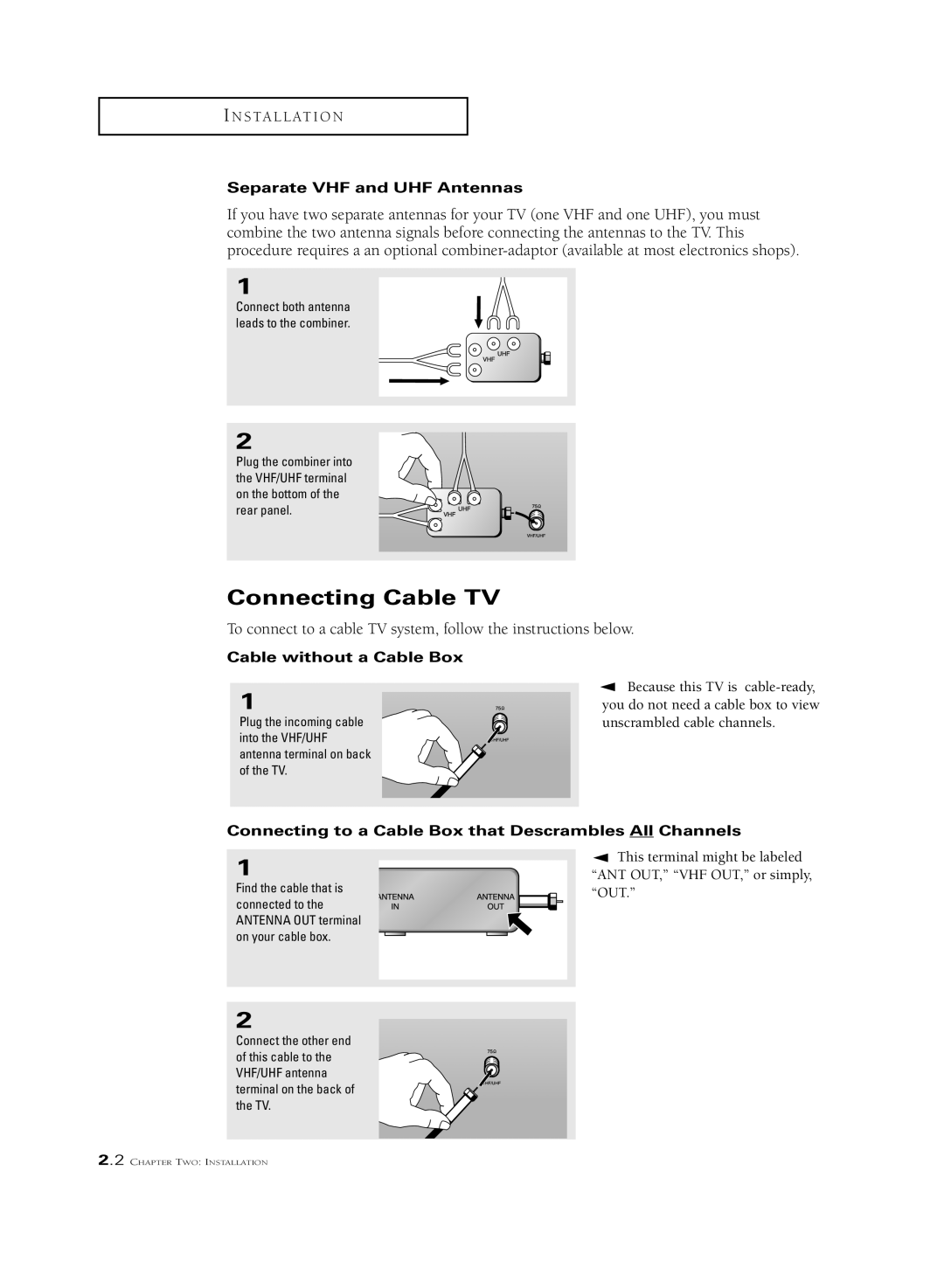 Samsung CSL 2097DV, CSL2099DV manual Connecting Cable TV, Separate VHF and UHF Antennas, Cable without a Cable Box 