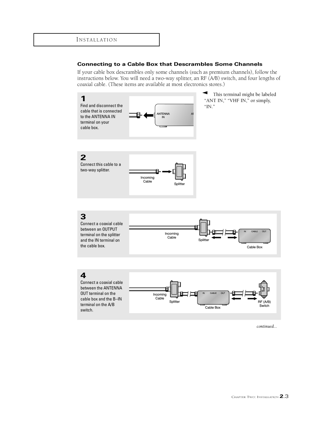 Samsung CSL2099DV manual Connecting to a Cable Box that Descrambles Some Channels, Connect this cable to a two-way splitter 