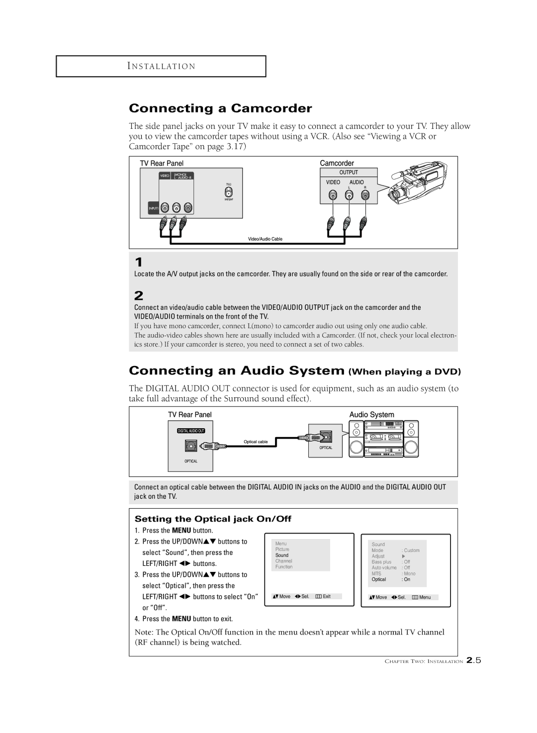 Samsung CSL2099DV Connecting a Camcorder, Connecting an Audio System When playing a DVD, Setting the Optical jack On/Off 