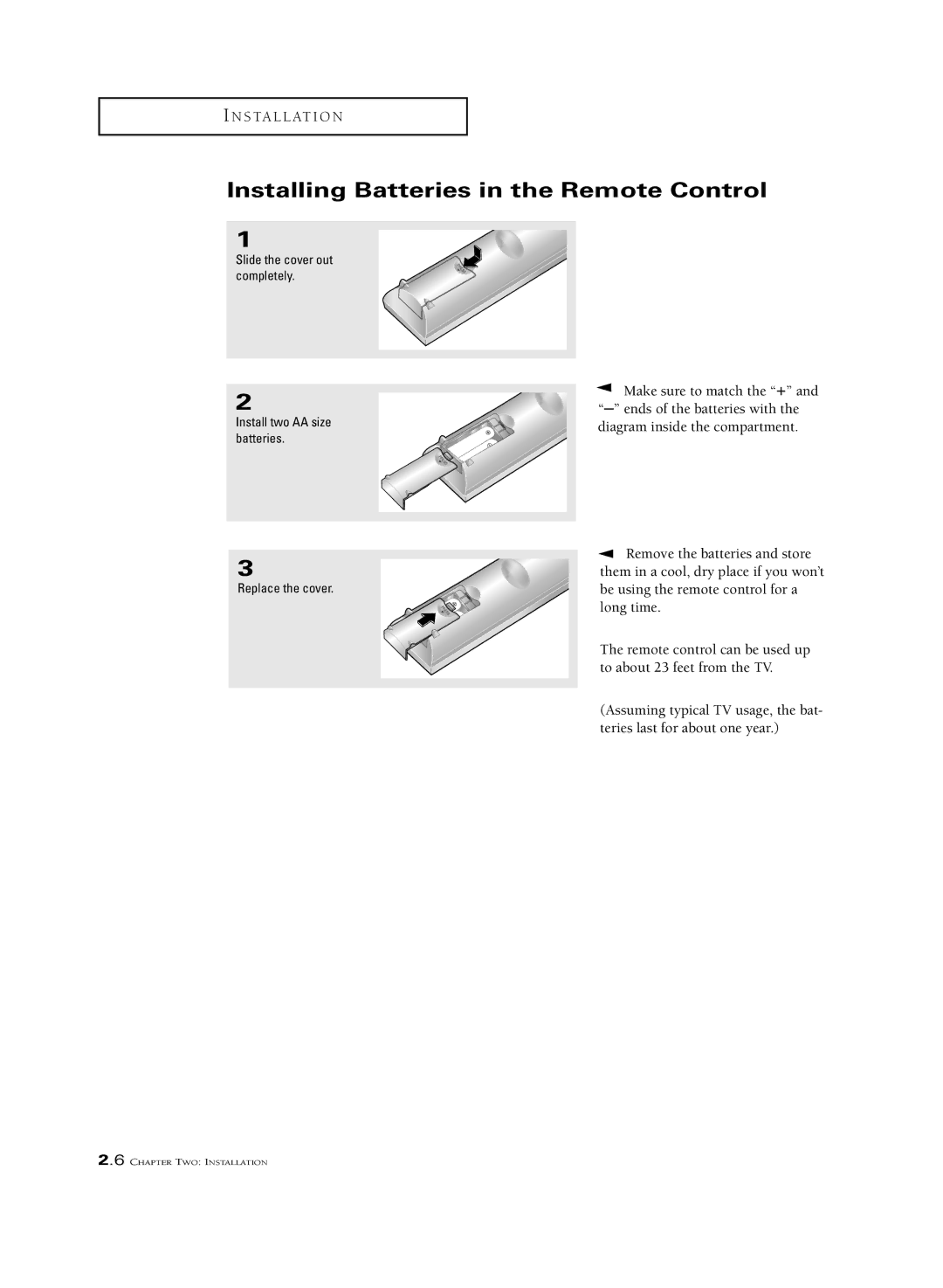 Samsung CSL 2097DV, CSL2099DV manual Installing Batteries in the Remote Control 