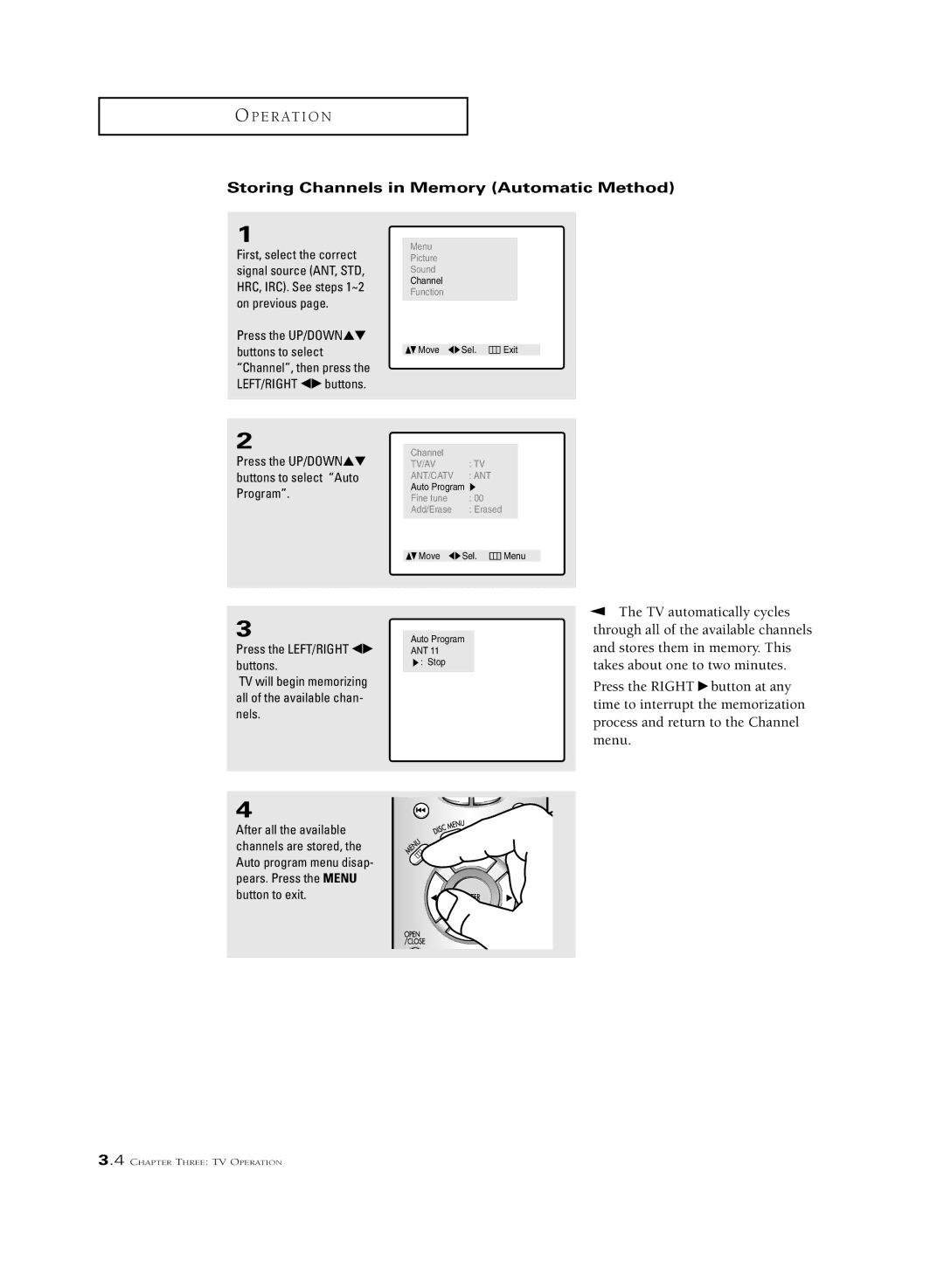 Samsung CSL 2097DV, CSL2099DV manual Storing Channels in Memory Automatic Method 