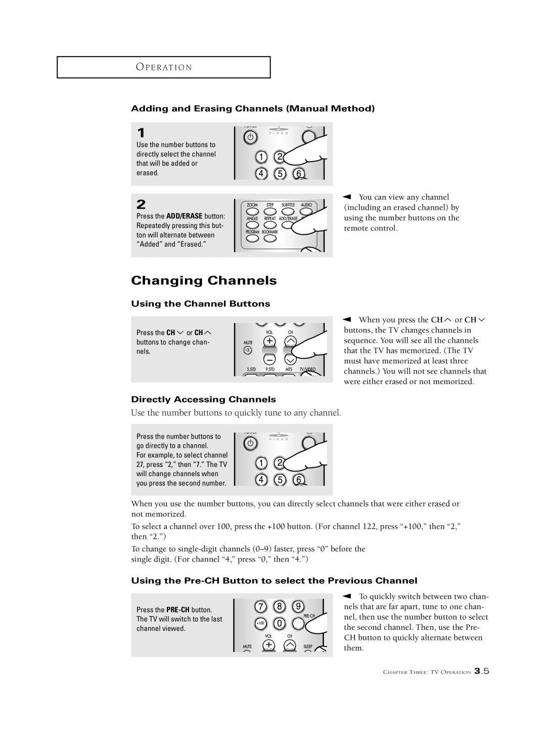 Samsung CSL2099DV, CSL 2097DV manual Changing Channels, Adding and Erasing Channels Manual Method, Using the Channel Buttons 