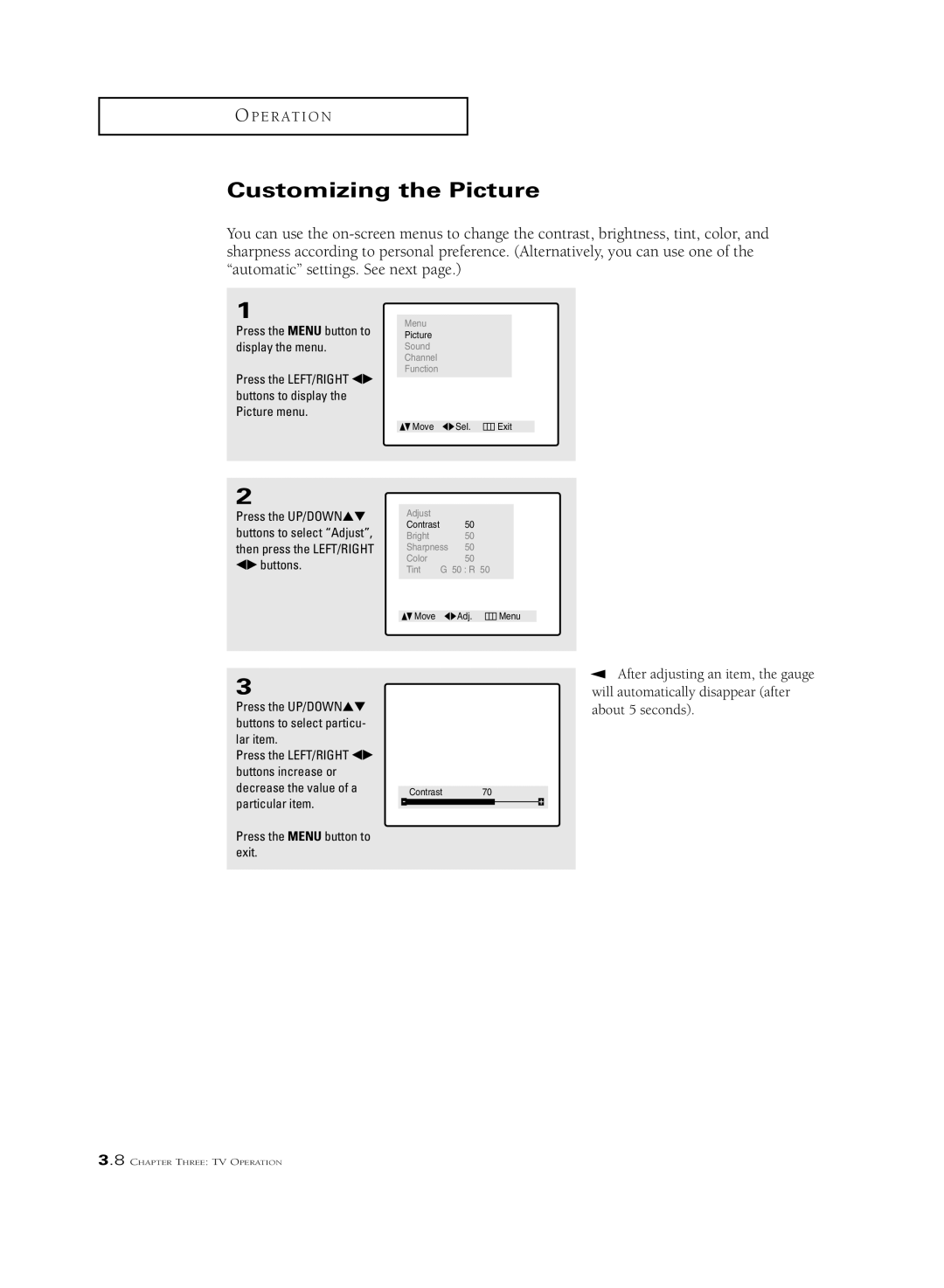 Samsung CSL 2097DV, CSL2099DV manual Customizing the Picture, Particular item Press the Menu button to exit 