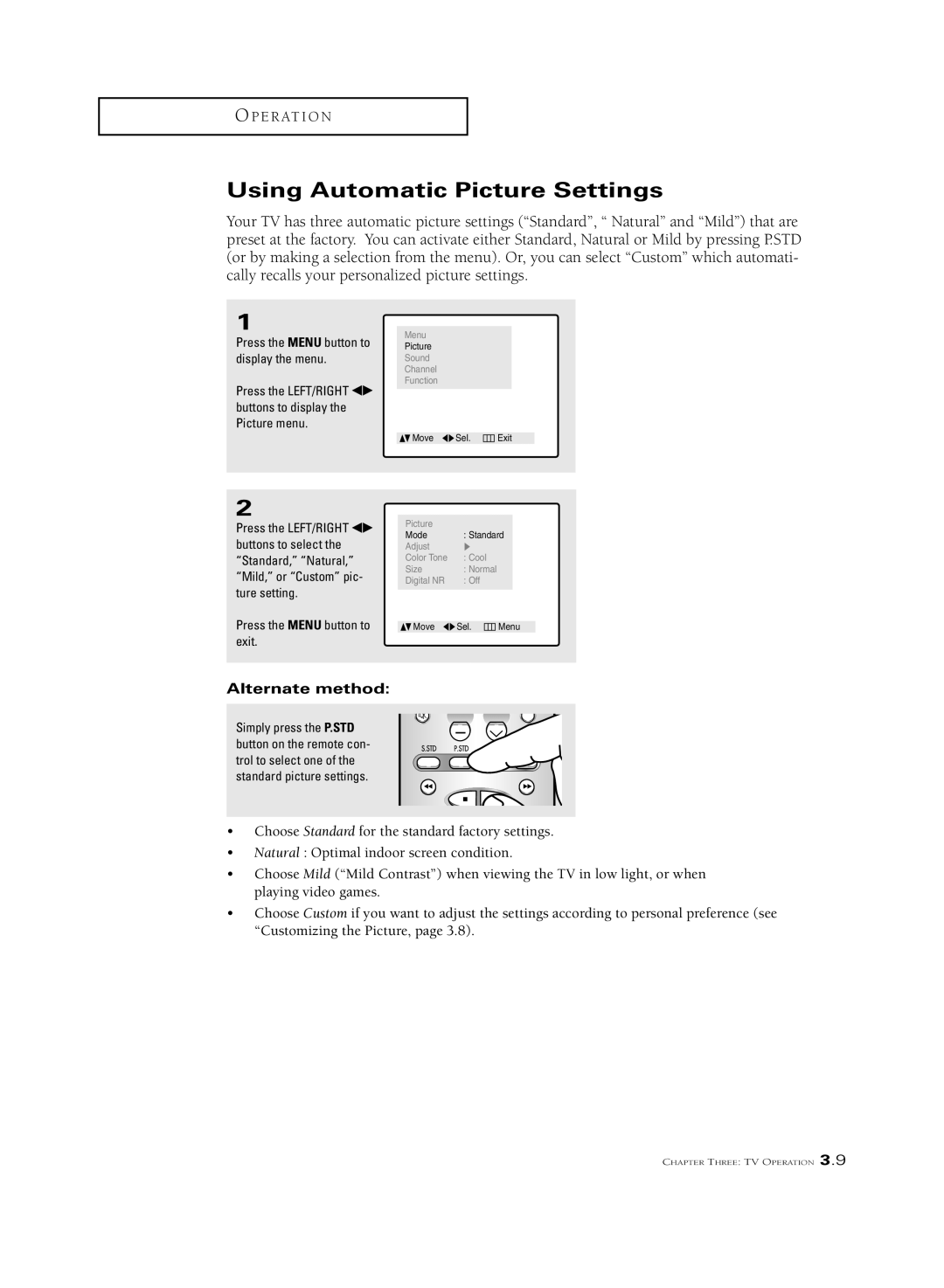 Samsung CSL2099DV, CSL 2097DV manual Using Automatic Picture Settings, Alternate method 