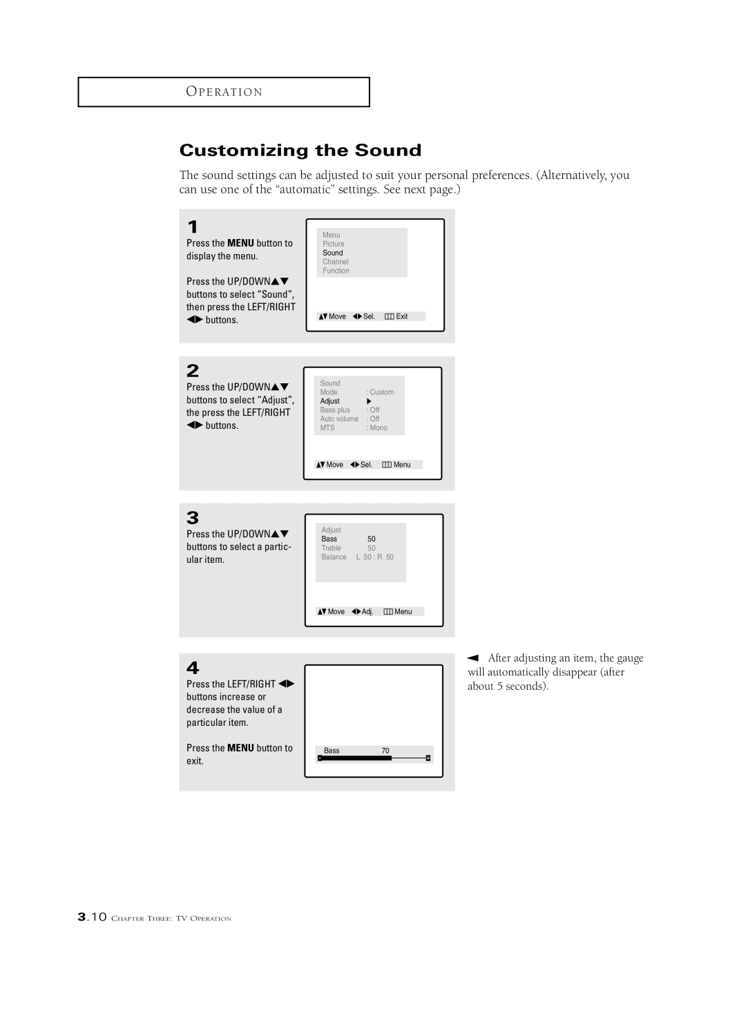 Samsung CSL 2097DV, CSL2099DV manual Customizing the Sound, Press the Menu button to display the menu 