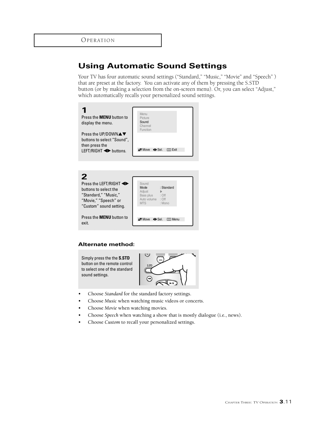 Samsung CSL2099DV, CSL 2097DV manual Using Automatic Sound Settings, Standard, Music, Movie, Speech or 