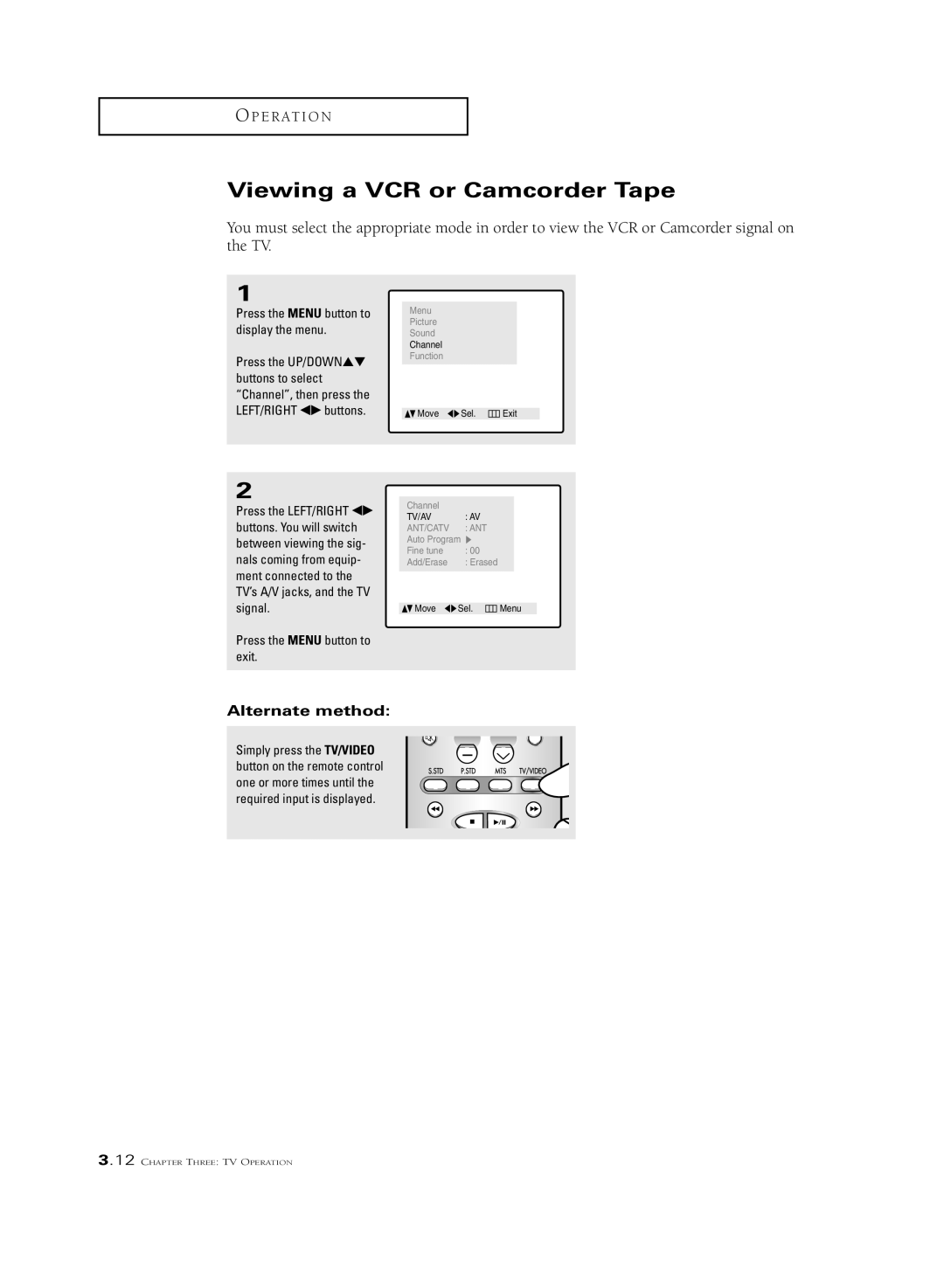 Samsung CSL 2097DV, CSL2099DV manual Viewing a VCR or Camcorder Tape, Tv/Av Av 