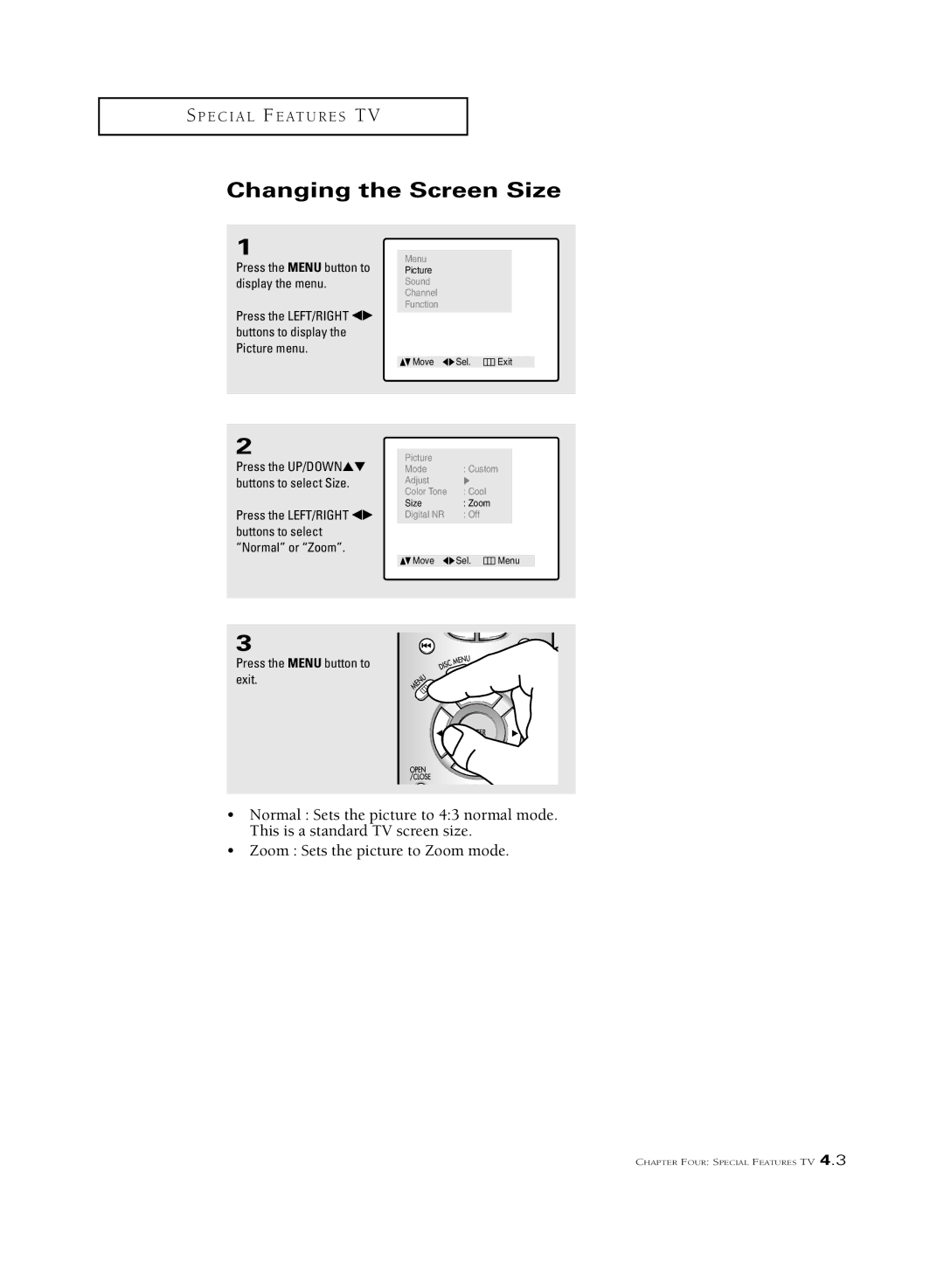 Samsung CSL2099DV, CSL 2097DV manual Changing the Screen Size 