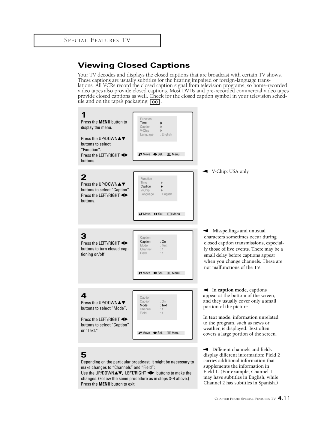 Samsung CSL2099DV, CSL 2097DV manual Viewing Closed Captions, Press the LEFT/RIGHT œ√ buttons to select Caption or Text 