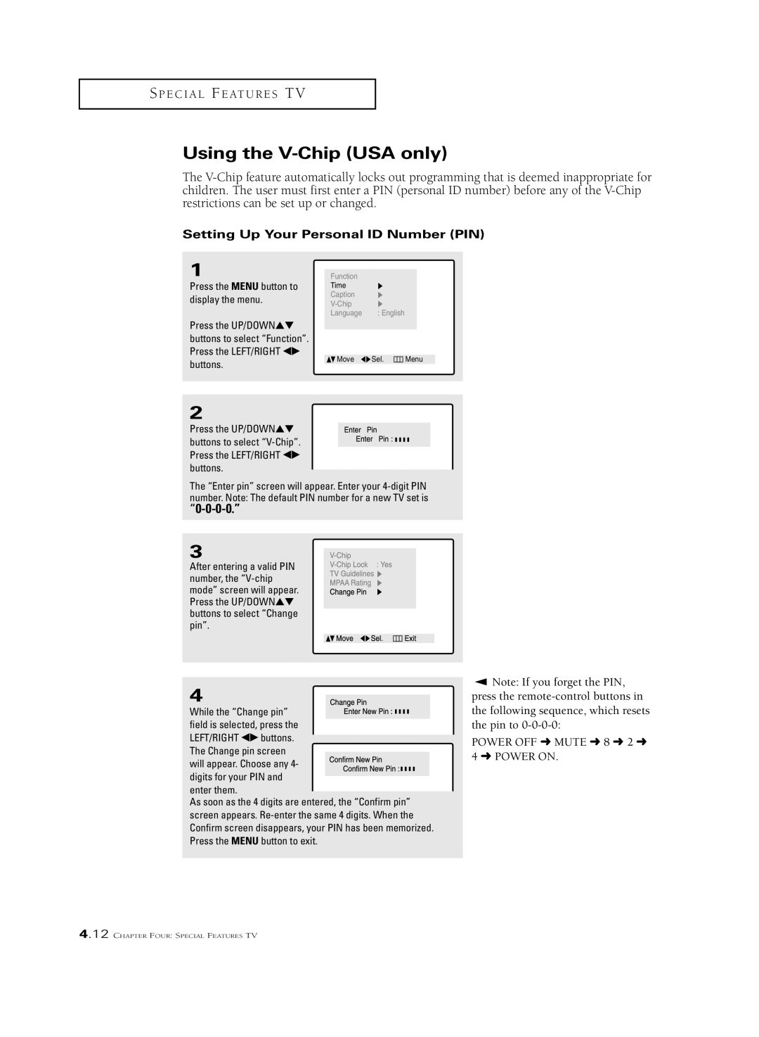 Samsung CSL 2097DV, CSL2099DV manual Using the V-Chip USA only, Setting Up Your Personal ID Number PIN 