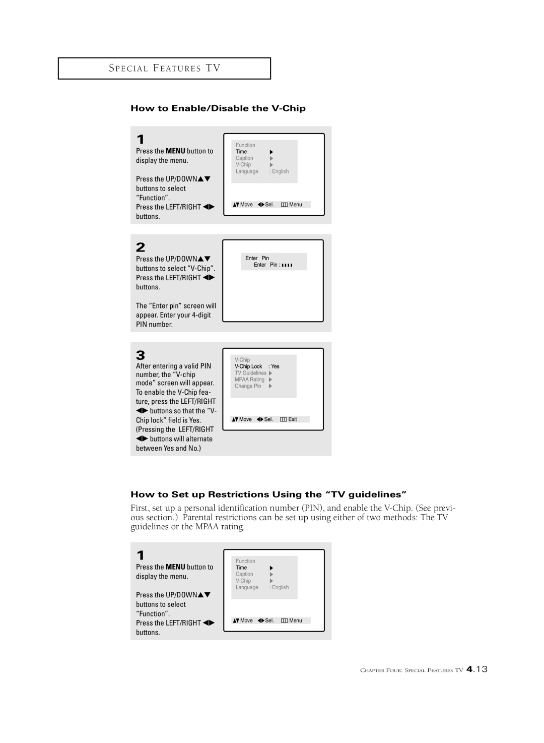 Samsung CSL2099DV, CSL 2097DV manual How to Enable/Disable the V-Chip, How to Set up Restrictions Using the TV guidelines 