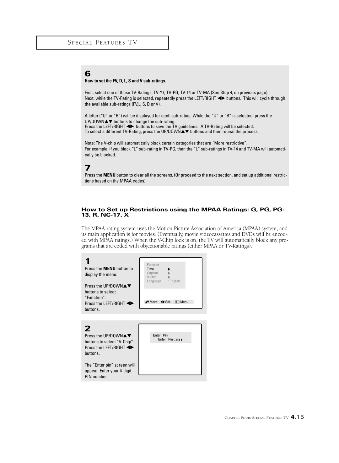 Samsung CSL2099DV, CSL 2097DV manual How to set the FV, D, L, S and V sub-ratings 