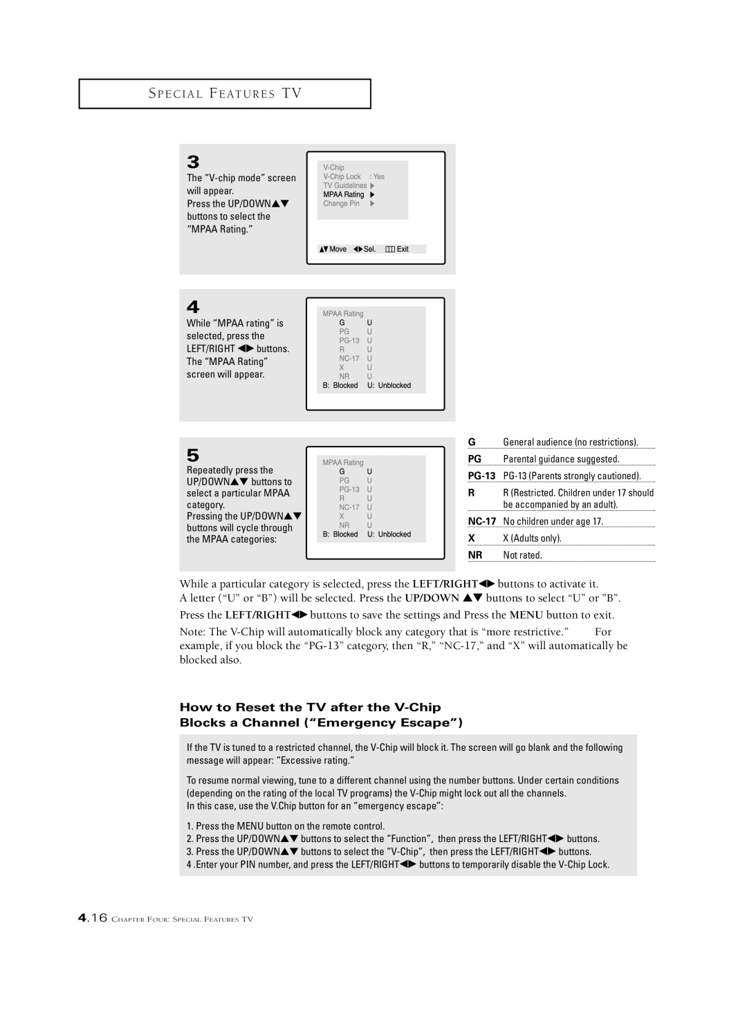 Samsung CSL 2097DV, CSL2099DV manual V-chip mode screen will appear, NC-17No children under age Adults only NR Not rated 