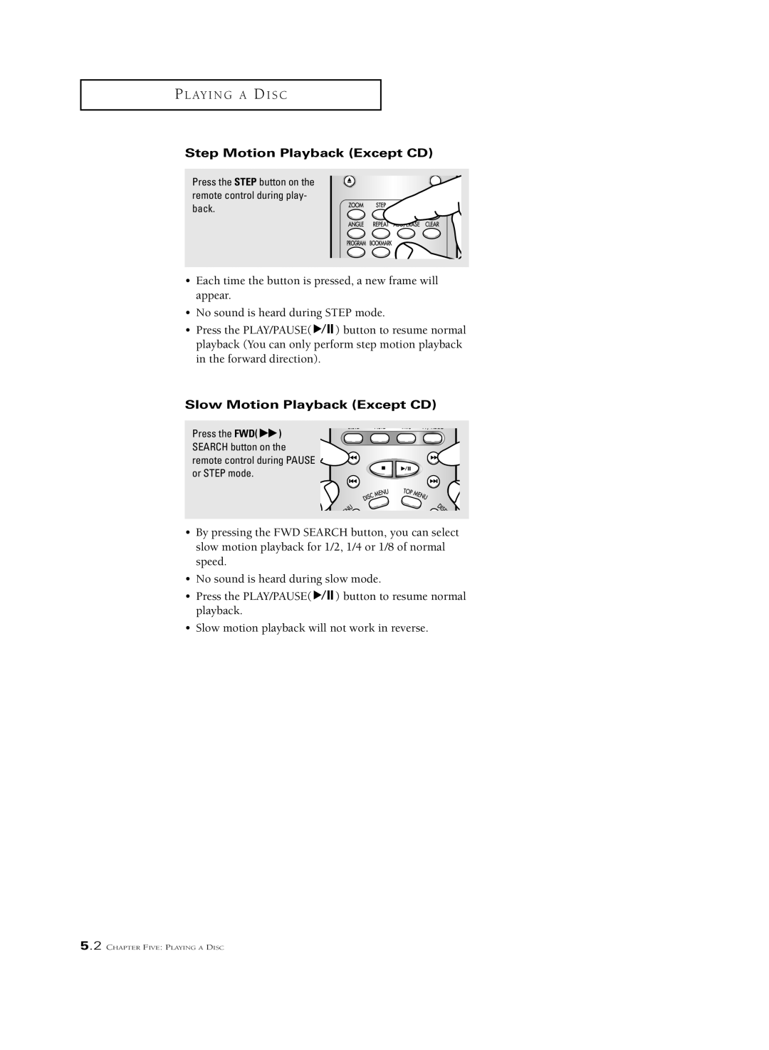 Samsung CSL 2097DV, CSL2099DV manual Step Motion Playback Except CD, Slow Motion Playback Except CD 