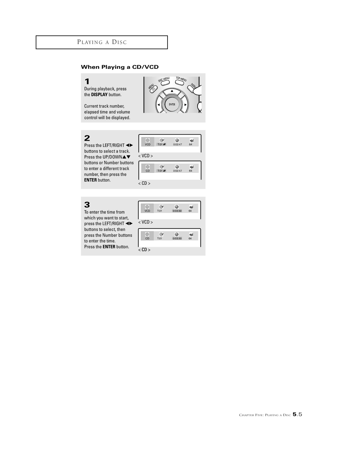 Samsung CSL2099DV, CSL 2097DV manual When Playing a CD/VCD, Vcd, Press the Enter button 