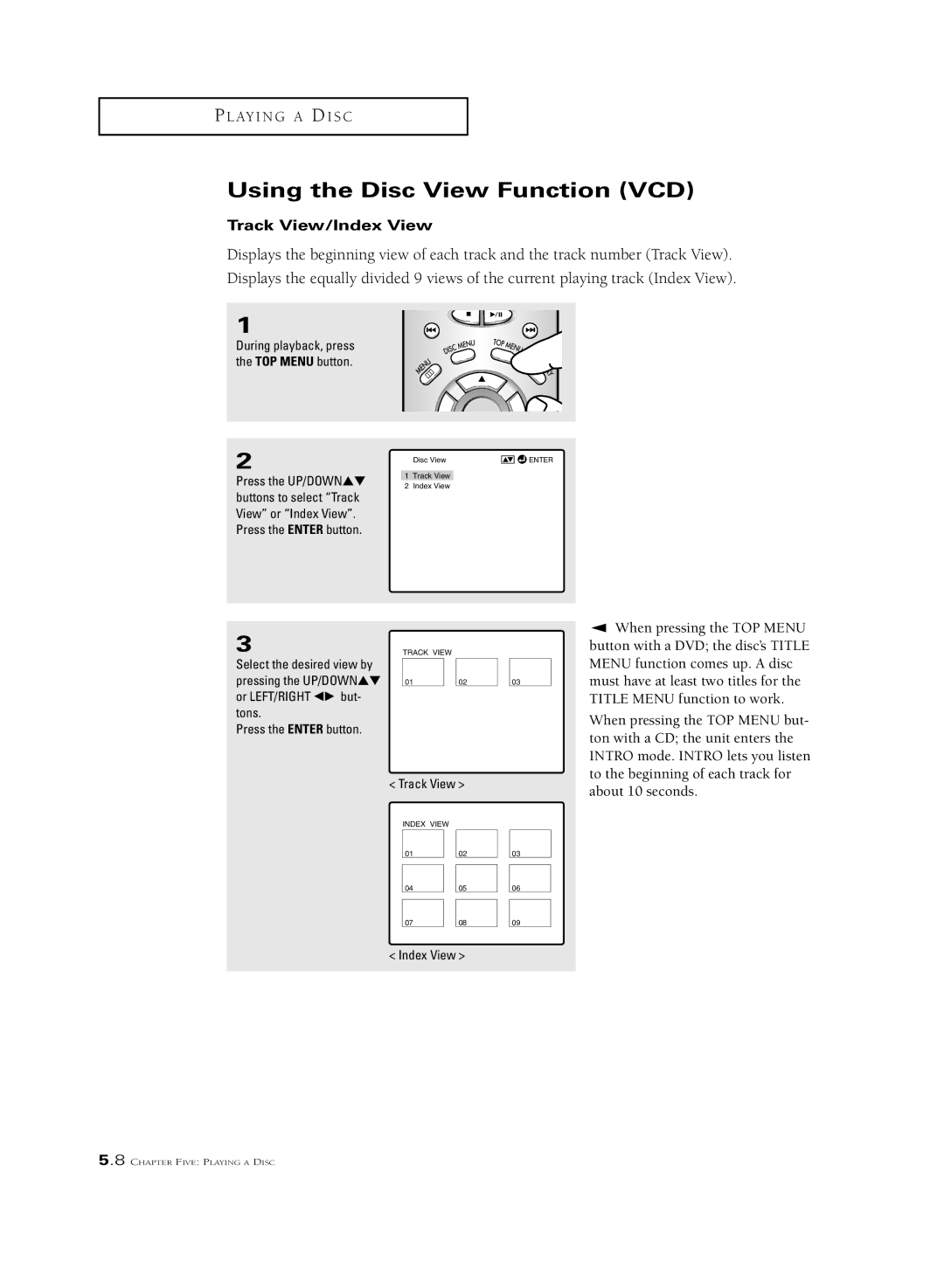 Samsung CSL 2097DV, CSL2099DV manual Using the Disc View Function VCD, Track View/Index View 