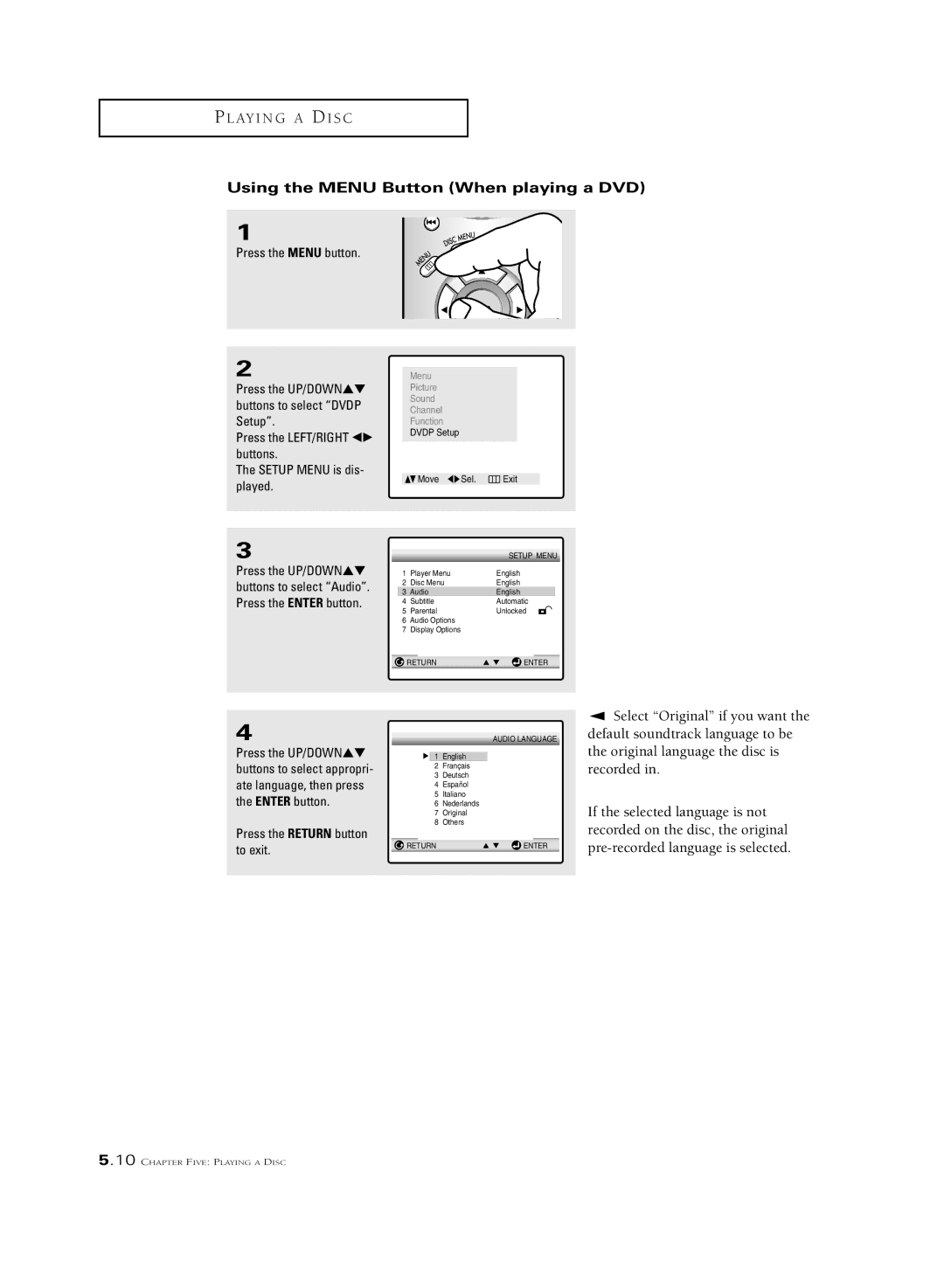 Samsung CSL 2097DV Using the Menu Button When playing a DVD, Press the LEFT/RIGHT œ√ buttons Setup Menu is dis- played 