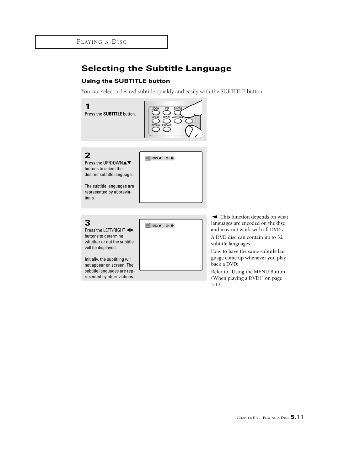 Samsung CSL2099DV, CSL 2097DV manual Selecting the Subtitle Language, Using the Subtitle button, Press the Subtitle button 