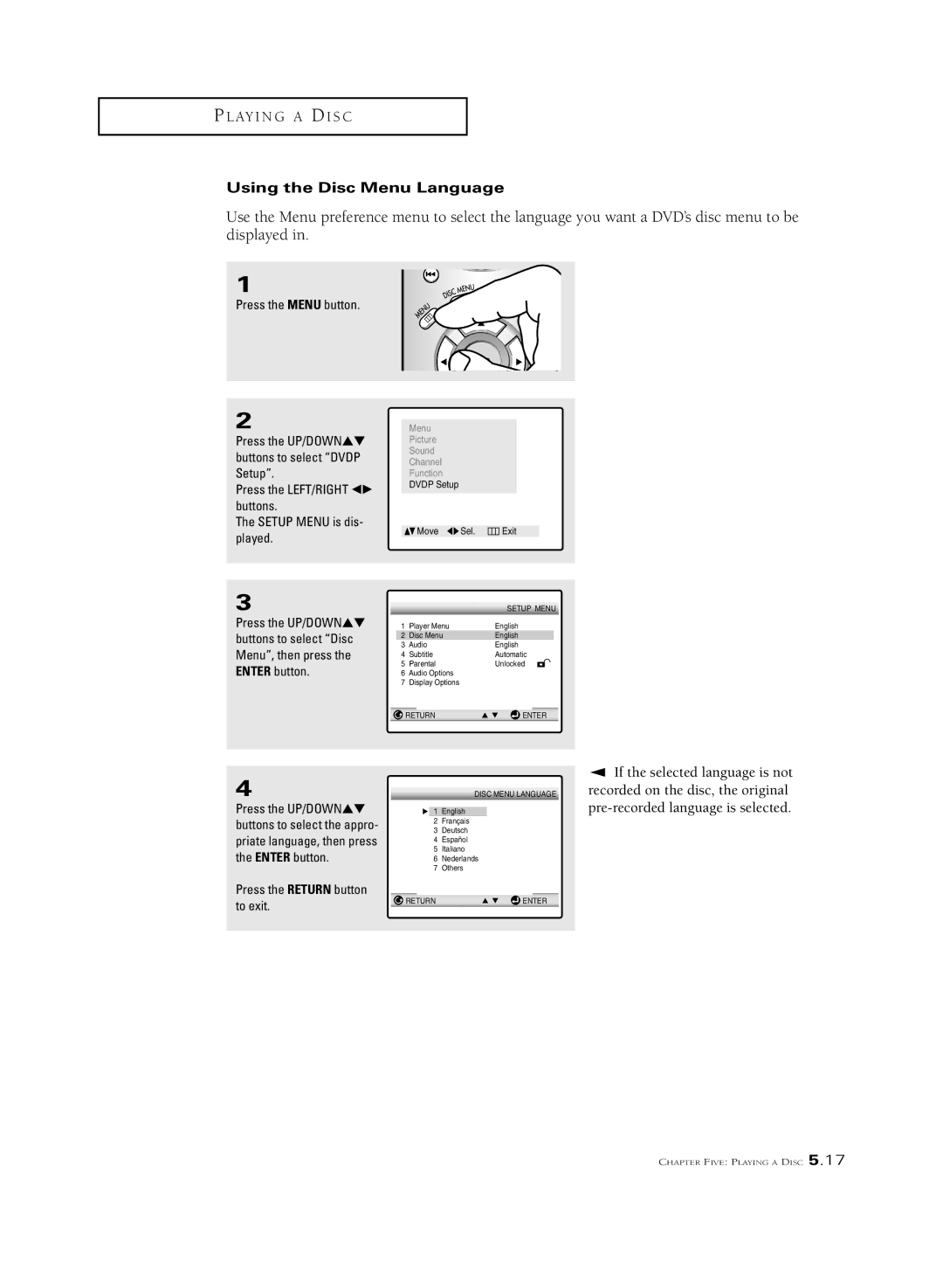 Samsung CSL2099DV, CSL 2097DV manual Using the Disc Menu Language 