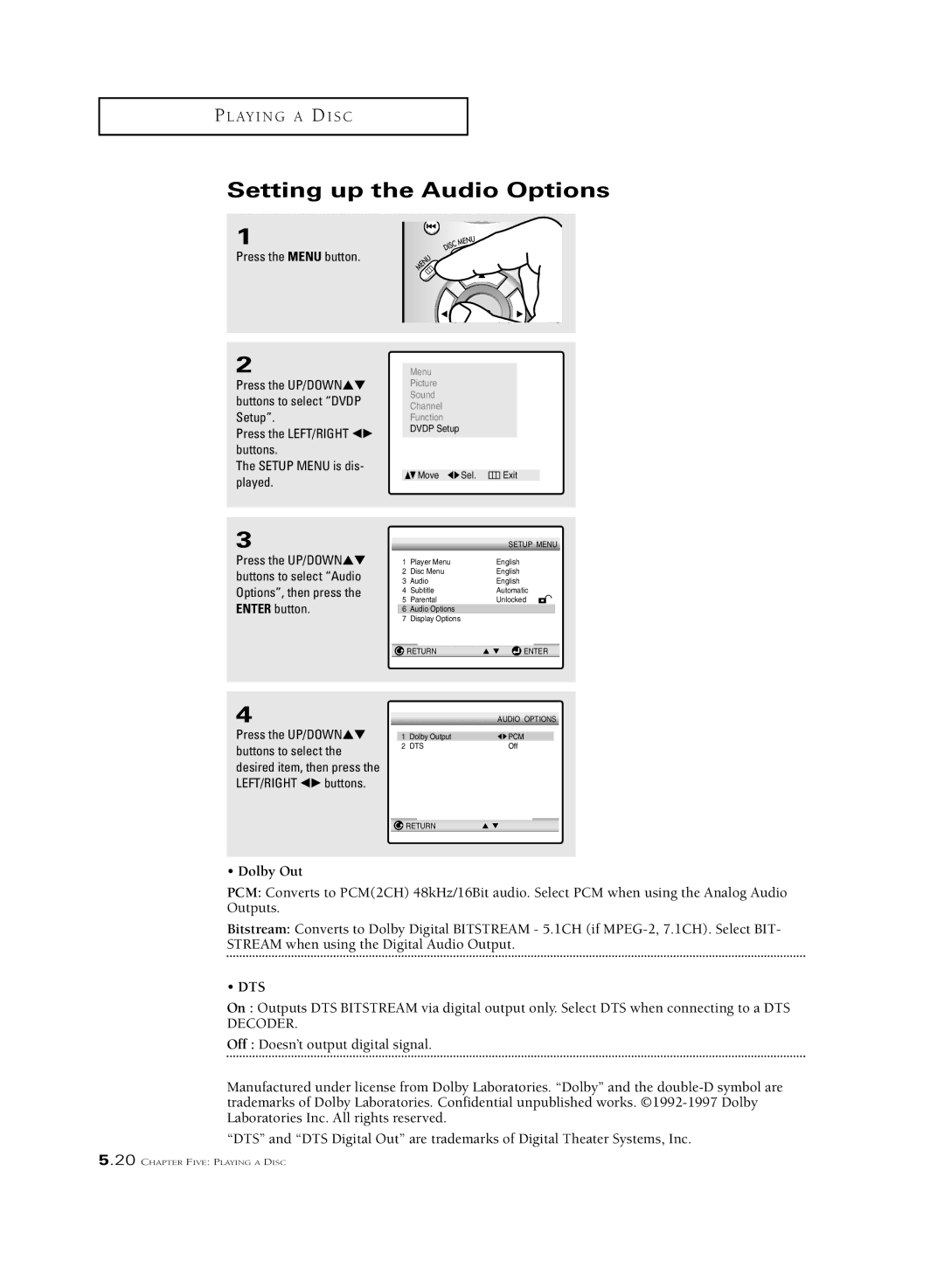 Samsung CSL 2097DV, CSL2099DV manual Setting up the Audio Options, Dolby Out 