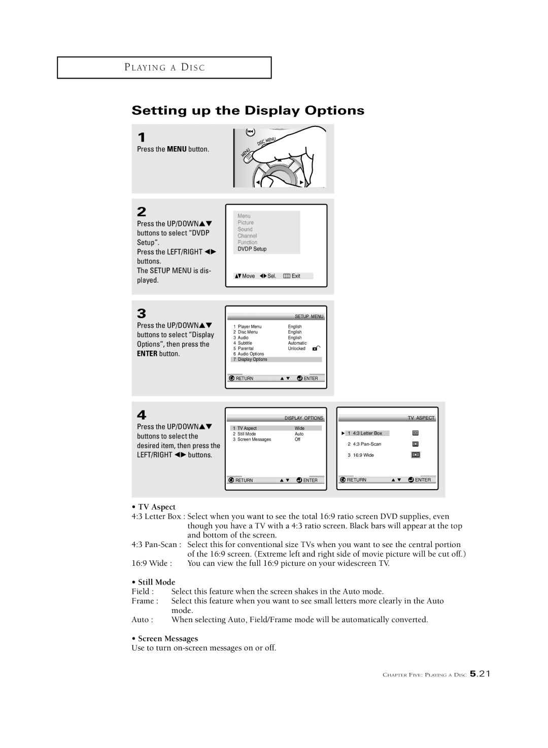 Samsung CSL2099DV, CSL 2097DV manual Setting up the Display Options, TV Aspect 