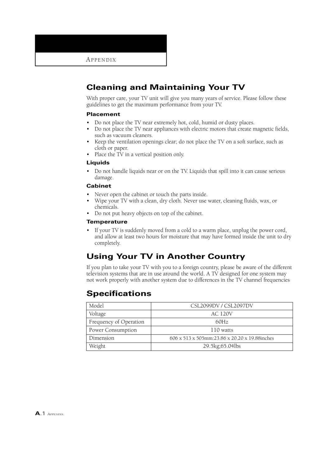 Samsung CSL 2097DV, CSL2099DV manual Cleaning and Maintaining Your TV, Using Your TV in Another Country, Specifications 