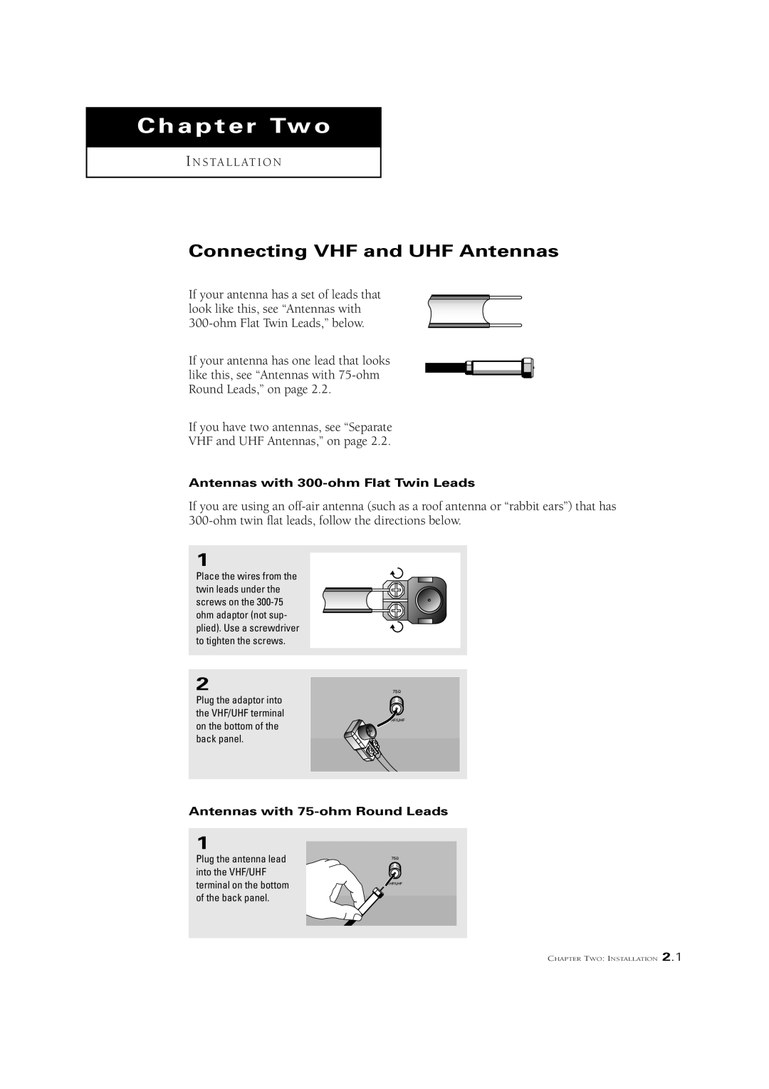 Samsung CSN2077DV Connecting VHF and UHF Antennas, Antennas with 300-ohm Flat Twin Leads, Antennas with 75-ohm Round Leads 