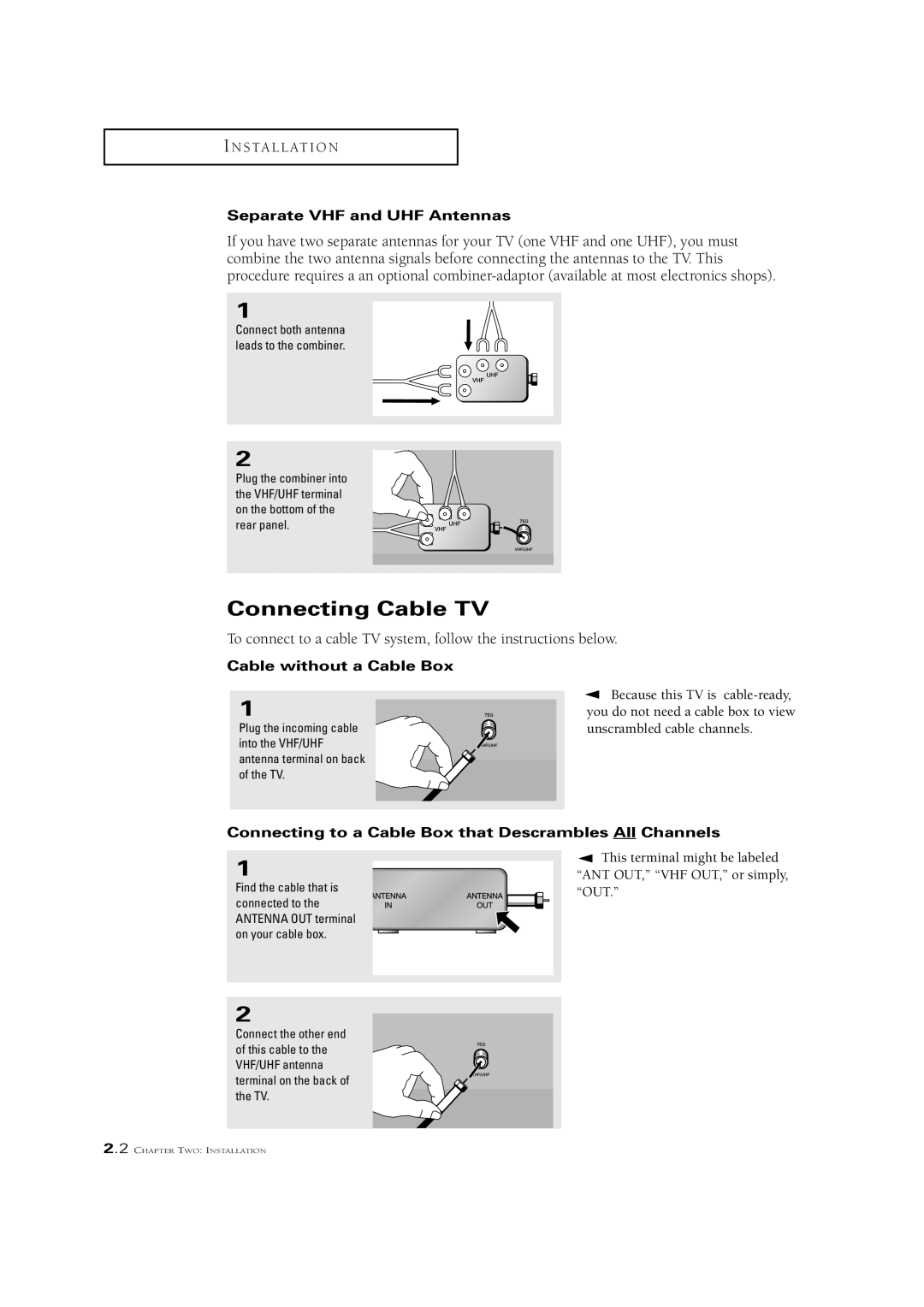 Samsung CSN2077DV manual Connecting Cable TV, Separate VHF and UHF Antennas, Cable without a Cable Box 