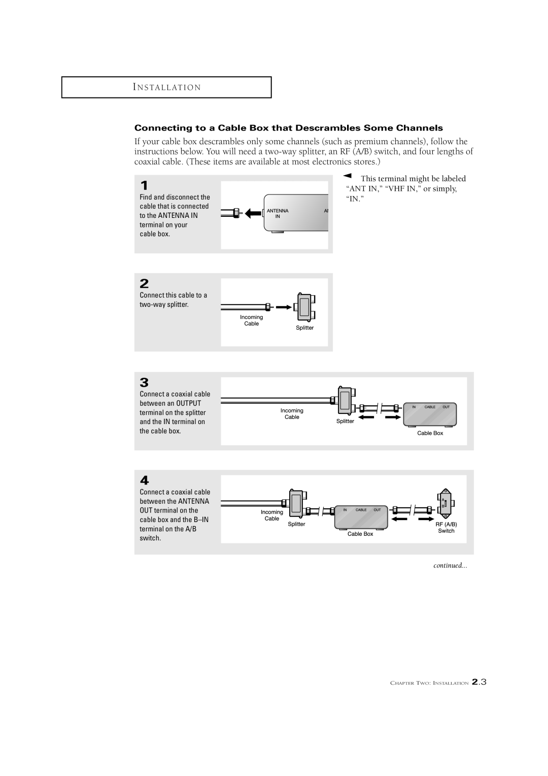 Samsung CSN2077DV manual Connecting to a Cable Box that Descrambles Some Channels, Connect this cable to a two-way splitter 