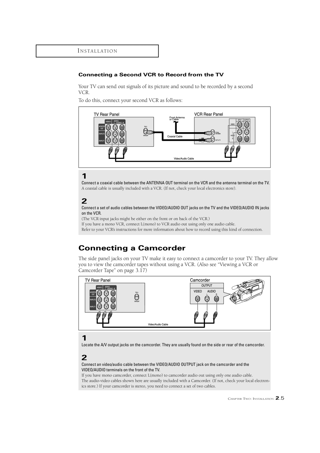 Samsung CSN2077DV manual Connecting a Camcorder, Connecting a Second VCR to Record from the TV 