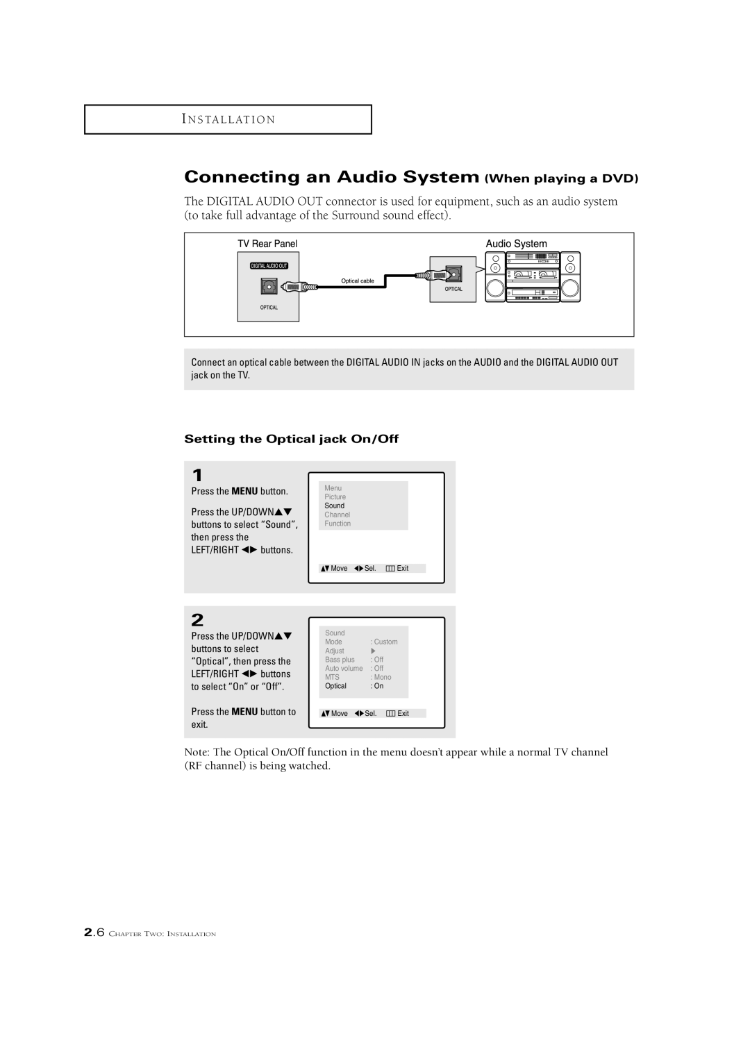 Samsung CSN2077DV Connecting an Audio System When playing a DVD, Setting the Optical jack On/Off, Press the Menu button 