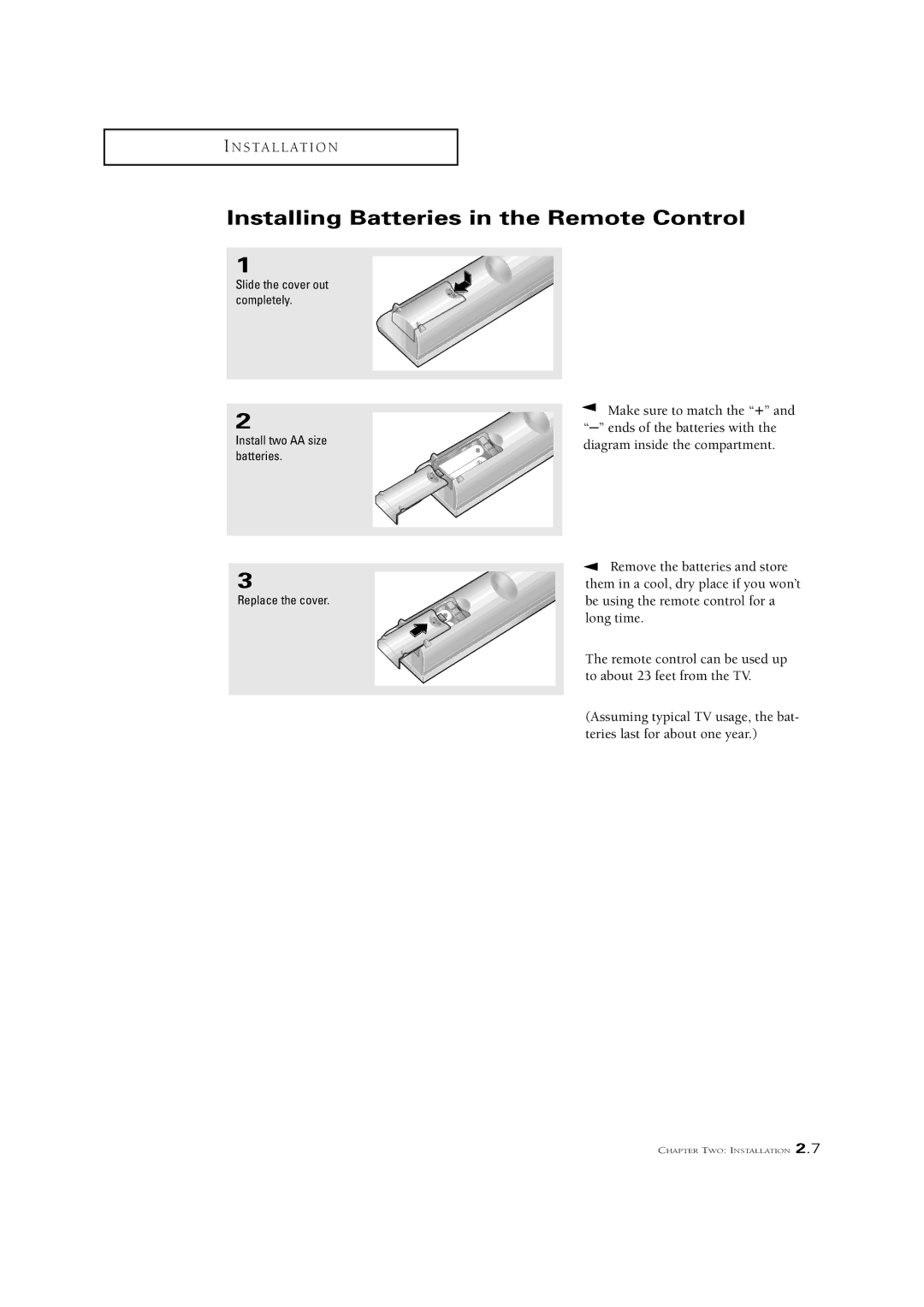 Samsung CSN2077DV manual Installing Batteries in the Remote Control 