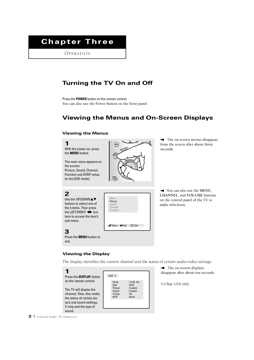 Samsung CSN2077DV manual Turning the TV On and Off, Viewing the Menus and On-Screen Displays, Viewing the Display 