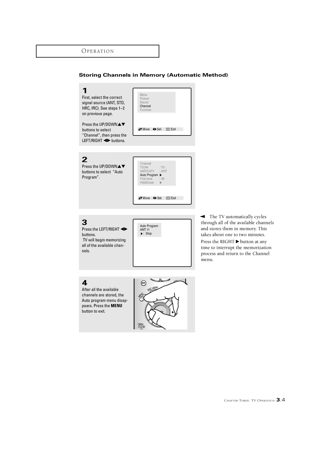 Samsung CSN2077DV manual Storing Channels in Memory Automatic Method 