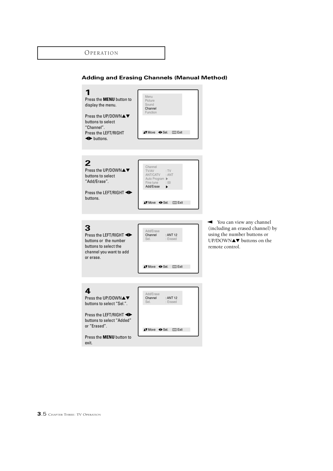 Samsung CSN2077DV manual Adding and Erasing Channels Manual Method 