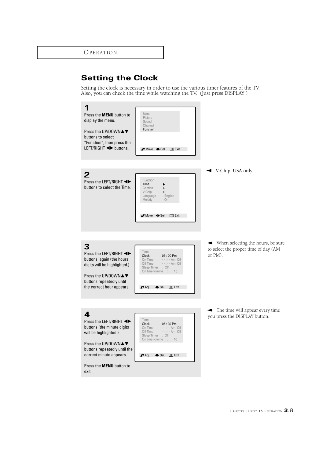 Samsung CSN2077DV manual Setting the Clock, Press the Menu button to display the menu 